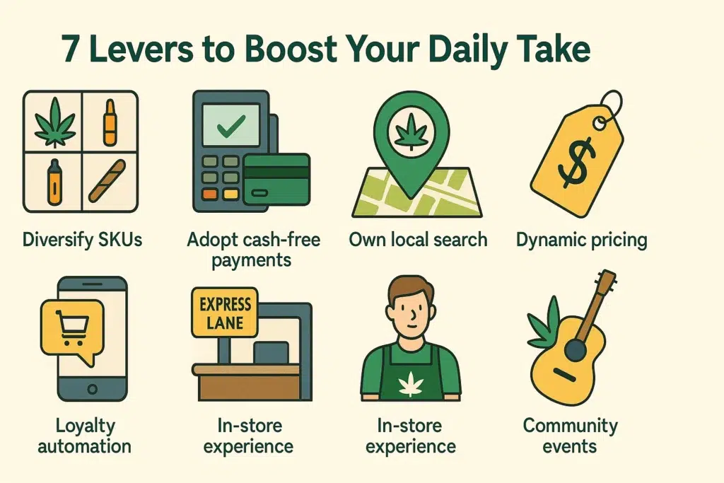 Seven illustrated tactics to increase dispensary revenue, from diversified SKUs to community events